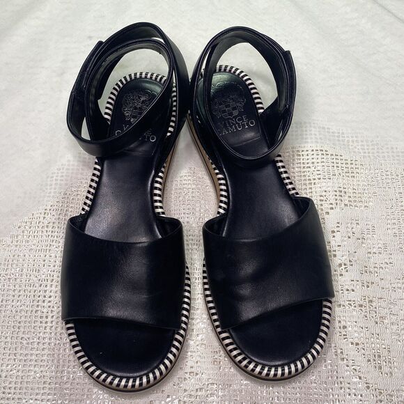 Vince Camuto Sandals Size 8.5 Leather Ankle Strap Low Wedge Heel Black Hook Loop - Picture 4 of 7
